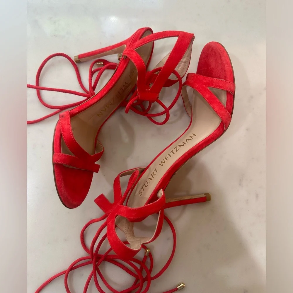 Stuart Weitzman Soiree 100 Red Lace-Up Strappy Heels 5.5 NWOB Designer Shoe - Picture 10 of 14